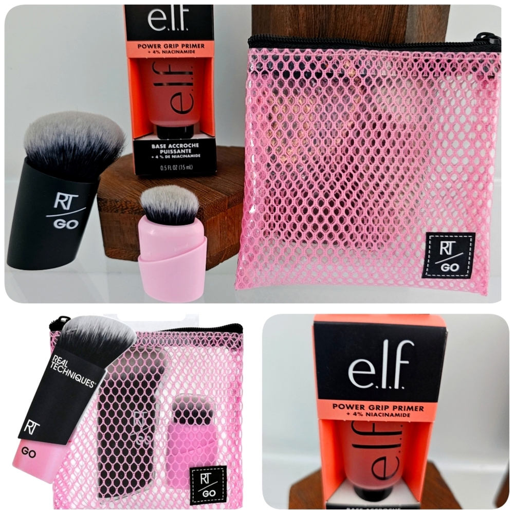 RT Real Techniques GO 2 in 1 Grab &Glow Travel Brushes Bag elf Power Grip Primer